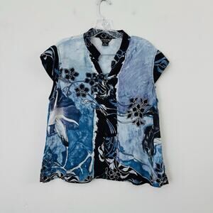 Citron Blue Short Sleeve Silk Hawaiian Print Button Up Shirt Women’s Size PXL